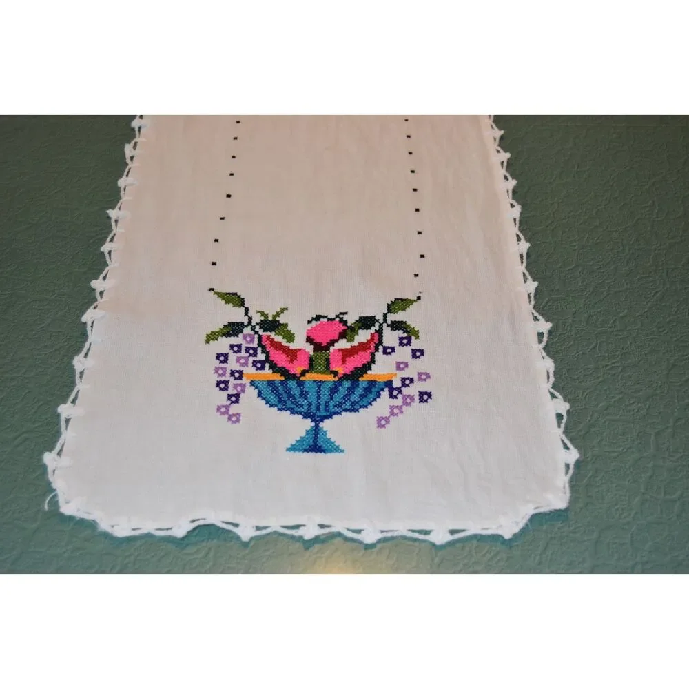 Vintage Mexican Embroidered Table Runner Folk Art Floral Crochet 53x14